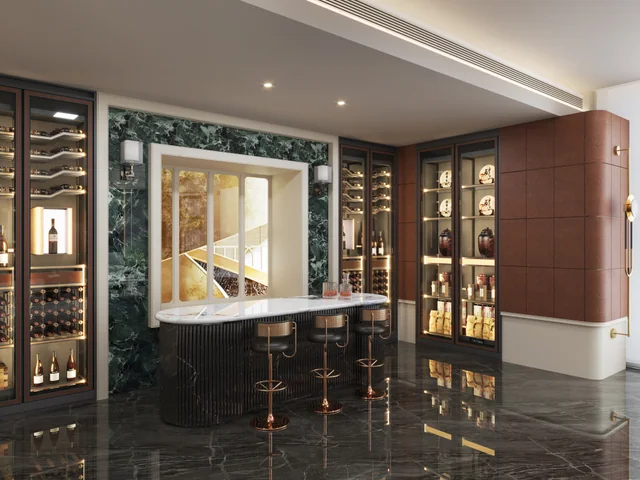 Custom wine cellar with a central bar and bottle display