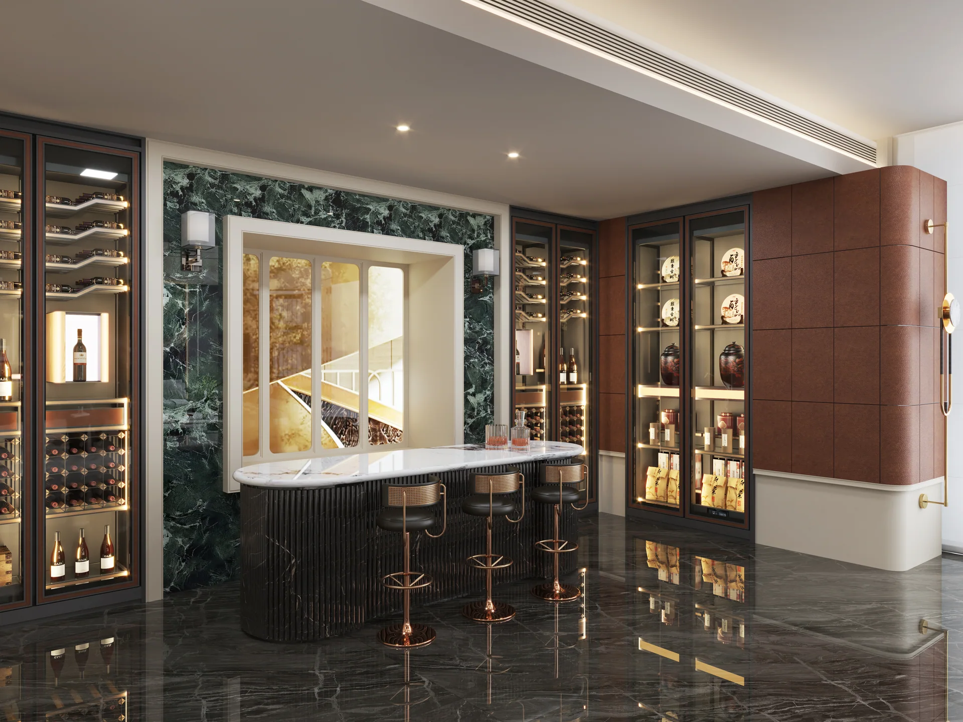 Wine cellar interior with a central bar and integrated bottle storage