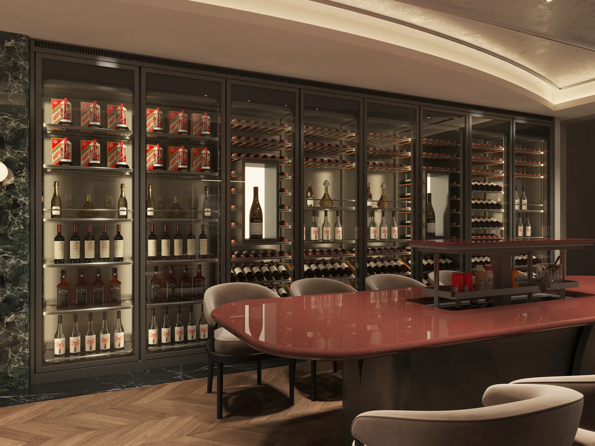 Wine storage wall with a table and seating in a cellar lounge